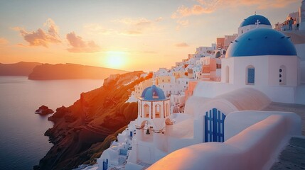 A stunning view of Santorini white architecture and blue domes, set against a backdrop of a vivid sunset, capturing the island's unique beauty.