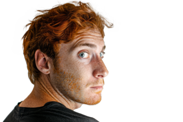 Portrait of a man with an anxious look checking over his shoulder, symbolizing paranoia, on a white backdrop.