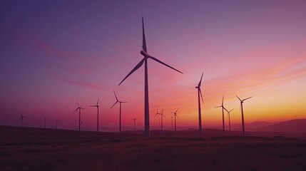 Obraz premium A tranquil scene of wind turbines at sunset, with the sky transitioning from warm orange to deep purple, capturing the beauty of renewable energy.