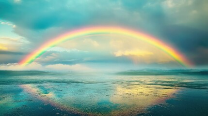 A vibrant rainbow arching across a clear sky after a storm, with the landscape below still wet and glistening. A symbol of hope and renewal.