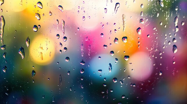 Abstract design with colorful droplets on a window pane, blending light and color for a vibrant effect.