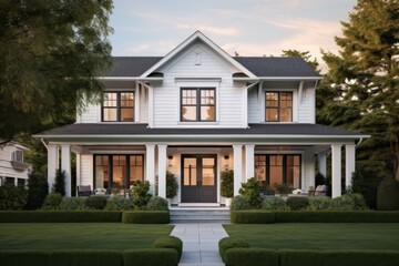Naklejka premium Modern farmhouse exterior with front porch and evening lighting