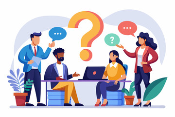 Ask questions for help or solution, confusion, doubt or query for answer and information, business discussion to solve problem concept, business people employee ask questions with question mark signs
