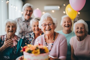 Portrait of smiling diverse seniors celebrating birthday in nursing home