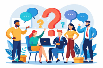 Ask questions for help or solution, confusion, doubt or query for answer and information, business discussion to solve problem concept, business people employee ask questions with question mark signs
