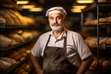 Fototapeta premium Portrait of a middle aged Hispanic worker in bakery