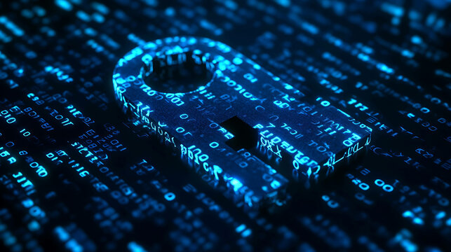 A glowing blue key lies on a dark background of digital code.