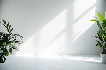 Sunlight casts shadows on a minimalist room with plants