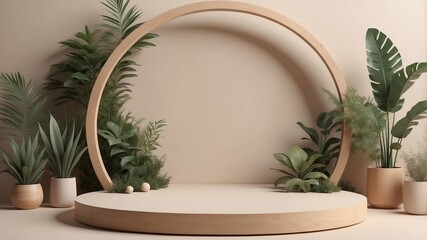 A mockup stage design A clear circle minimal modern style, wood tone color