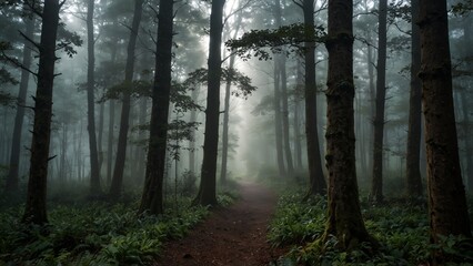 Obraz premium A quiet forest shrouded in mist, with occasional beams of sunlight piercing through the canopy.
