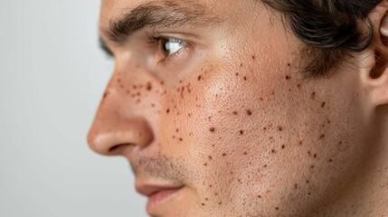 Obraz premium Closeup of Man's Face with Birthmarks Against a Grey Background, Showing Skin Texture and Details of Freckles and Facial Hair