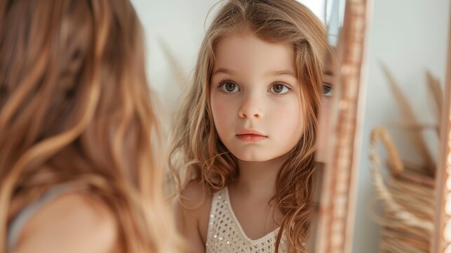 A young girl with long blonde hair looks intently at her reflection in a mirror. Her eyes are wide and her expression is thoughtful. The image conveys a sense of self-discovery, curiosity, and the bea