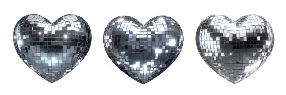 Disco mirror heart 3D icons isolated. Reflective heart shaped disco ball made of mirror tiles. design elements. Ai generative