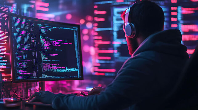 A man in headphones sits at a computer, coding in a dark room with colorful lighting.
