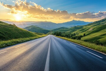 Fototapeta premium Asphalt highway road and green mountain with sky clouds at sunset , ai