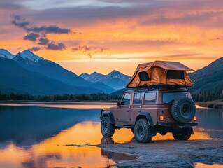 photo of a off-road vehicle with rooftop tent in the mountains near lake 