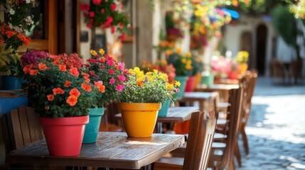 A Mediterranean outdoor cafe with empty wooden chairs and tables decorated with vibrant flower pots, inviting a relaxed atmosphere on a sunny day.