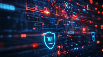 Abstract digital background with glowing lines and a shield with IoT logo.