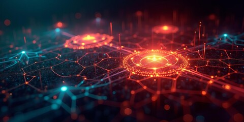 Cyber Warfare Concept: Fiery Digital Battlefield with Interconnected Threat Network