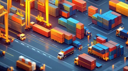 isometric diagram, shipping yard, multiple shipping containers arranged in an organized manner, cranes loading containers onto trucks, various logistics equipment, bright and efficient lighting