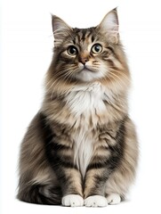 A fluffy cat with striking green eyes sits upright against a white background.