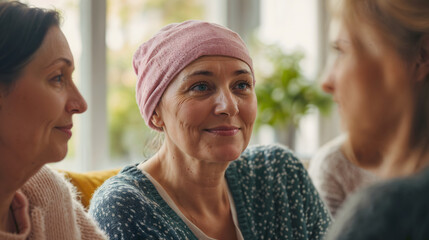 Woman with cancer wearing headscarf surrounded by supportive friends