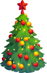 Cartoon Christmas holiday decorated pine tree. Isolated vector bright spruce with ornaments, lights and red star on top. Festive fir-tree plant evokes feelings of joy, celebration and holiday spirit