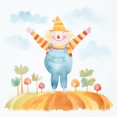 Fototapeta premium Watercolor illustration of a cute retro scarecrow dressed in patchwork clothing, standing in a vibrant autumn field