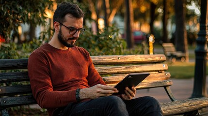 Fototapeta premium Man reading on a digital tablet while sitting on a park bench in a casual setting.