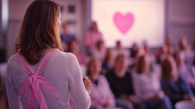 Woman wearing pink ribbon speaking at breast cancer awareness event
