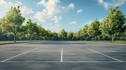 Fototapeta premium An empty parking lot with rows of lush green trees on a sunny summer day. The clear blue sky with white clouds provides a serene backdrop, while the lined asphalt suggests potential for cars to park. 