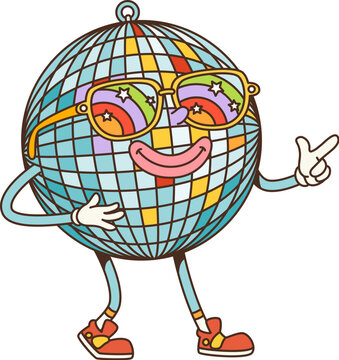 Retro cartoon groovy disco ball character wearing colorful sunglasses and sneakers, posing with a cheerful smile and pointing hand. Isolated vector personage light up dance floor, exuding cool vibes