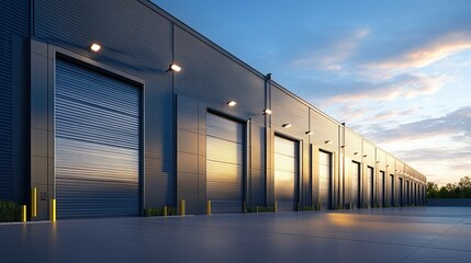 Obraz premium Modern Warehouse Exterior with Gray Steel Walls and Large Garage Doors - Photorealistic View at Golden Hour. AI generated illustration