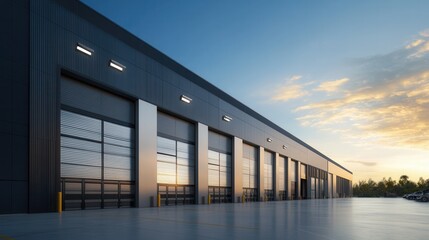 Obraz premium Modern Warehouse Exterior with Gray Steel Walls and Large Garage Doors - Photorealistic View at Golden Hour. AI generated illustration