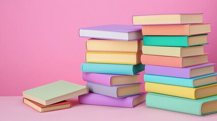 Fototapeta premium Stack of Colorful Books on a Beige Table Against a Pink Background
