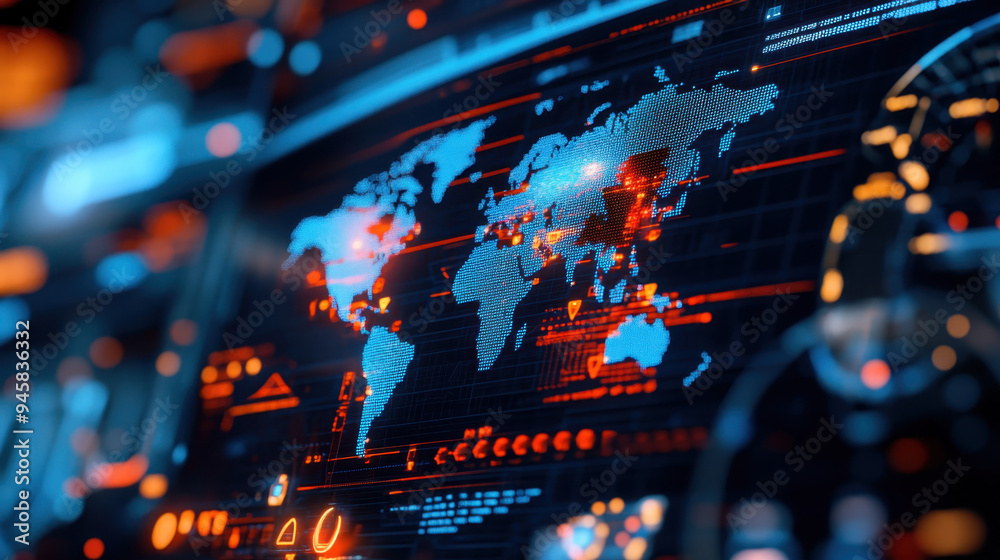 Poster digital world map with vibrant colors and technological interface, showcasing data points and interc
