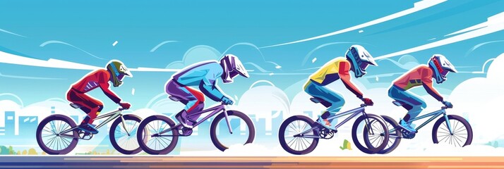 Fototapeta premium Four BMX riders compete in a thrilling race, showcasing their speed, agility, and skill. The riders navigate the track with intensity, pushing their limits and demonstrating the power of teamwork and 