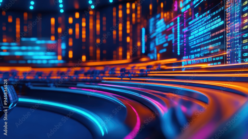 Poster futuristic digital environment with neon lights and abstract patterns, focusing on curved surface an