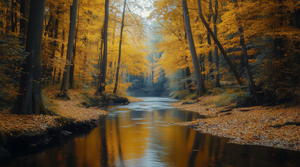Obraz premium A peaceful river winding through a dense autumn forest, leaves turning golden 