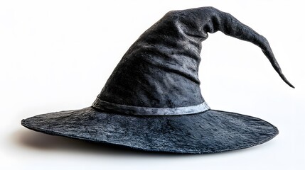 Detailed Black Witch Hat with Ribbon on White Background
