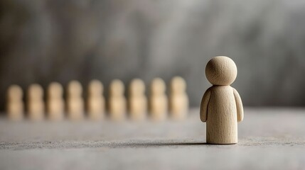 Wooden Figurine Stands Alone Representing Loneliness and Social Isolation, Separated from a Row of Blurred Figures in the Background