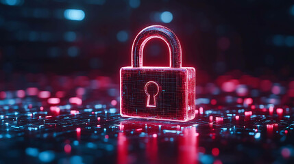 A glowing red padlock icon on a digital background.