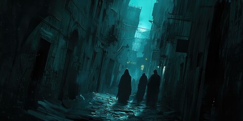 Three figures walk down a dark alley.
