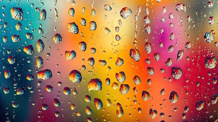 Colorful waterdrops on glass, set against a vibrant background, creating a stunning abstract visual.