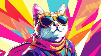 Comic-style super cat with a playful expression, showing off superhero powers with a bright, colorful backdrop.