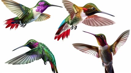 Obraz premium This vibrant image features four different hummingbirds in flight, showcasing their intricate patterns and dazzling colors. Their delicate wings and slender beaks create a sense of motion and grace, w