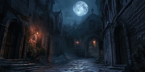Cobblestone alleyway lit by moon and lanterns.