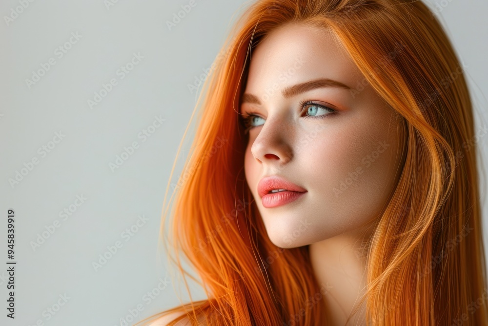 Sticker European young woman with orange hime long hair portrait skin photography.