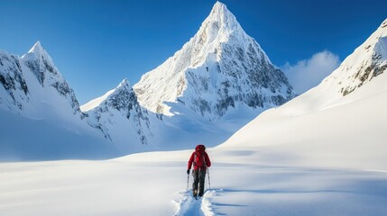 A hiker trekking through deep snow towards a towering mountain peak under a clear winter sky.