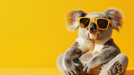 Cute koala in trendy sunglasses, lounging on a yellow backdrop, exuding charm and fun.